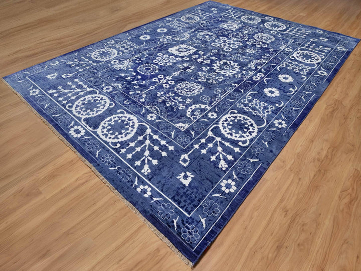 9'10" x 14'0" New Hand Knotted Blue Wool & Silk Rectangle Oriental Rug - MOA10291227