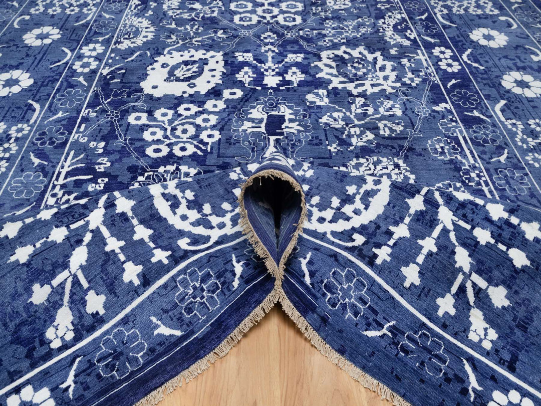 9'10" x 14'0" New Hand Knotted Blue Wool & Silk Rectangle Oriental Rug - MOA10291227