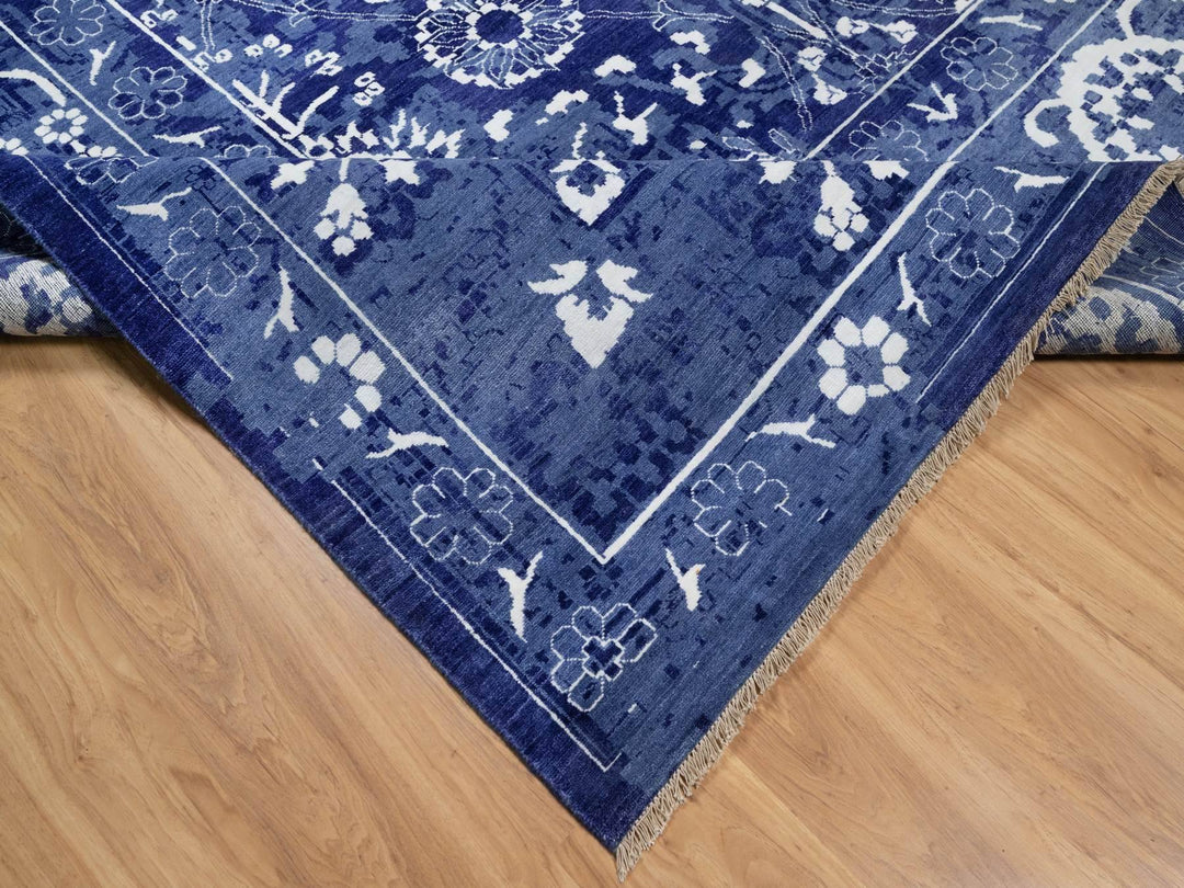 9'10" x 14'0" New Hand Knotted Blue Wool & Silk Rectangle Oriental Rug - MOA10291227