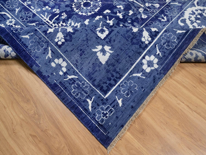9'10" x 14'0" New Hand Knotted Blue Wool & Silk Rectangle Oriental Rug - MOA10291227