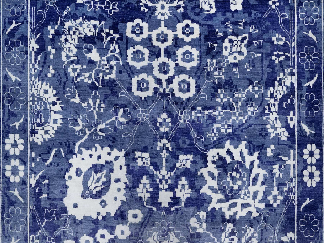 9'10" x 14'0" New Hand Knotted Blue Wool & Silk Rectangle Oriental Rug - MOA10291227