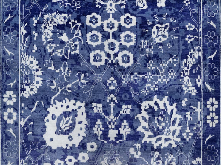 9'10" x 14'0" New Hand Knotted Blue Wool & Silk Rectangle Oriental Rug - MOA10291227