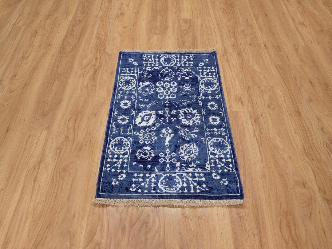 2'1" x 3'2" New Hand Knotted Blue Wool & Silk Rectangle Oriental Rug - MOA10291228