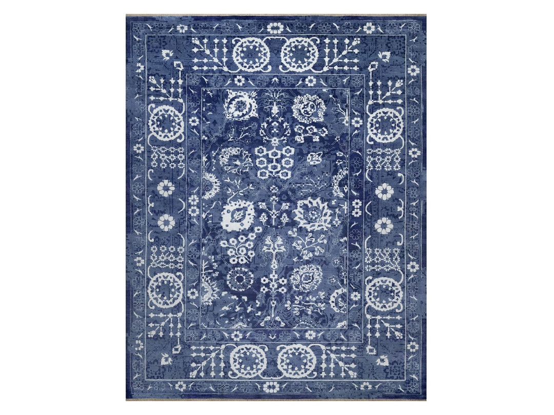 11'9" x 15'0" New Hand Knotted Blue Wool & Silk Rectangle Oriental Rug - MOA10291265