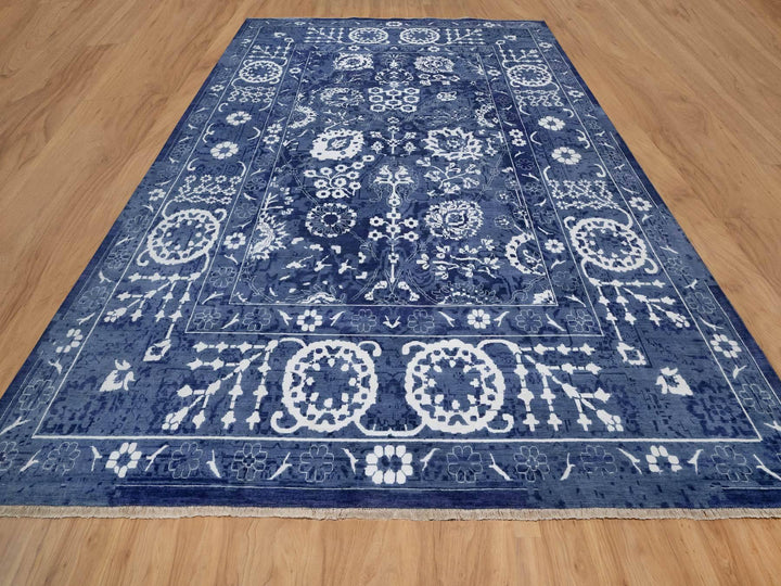 11'9" x 15'0" New Hand Knotted Blue Wool & Silk Rectangle Oriental Rug - MOA10291265
