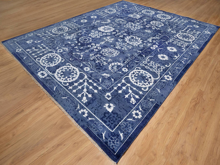 11'9" x 15'0" New Hand Knotted Blue Wool & Silk Rectangle Oriental Rug - MOA10291265