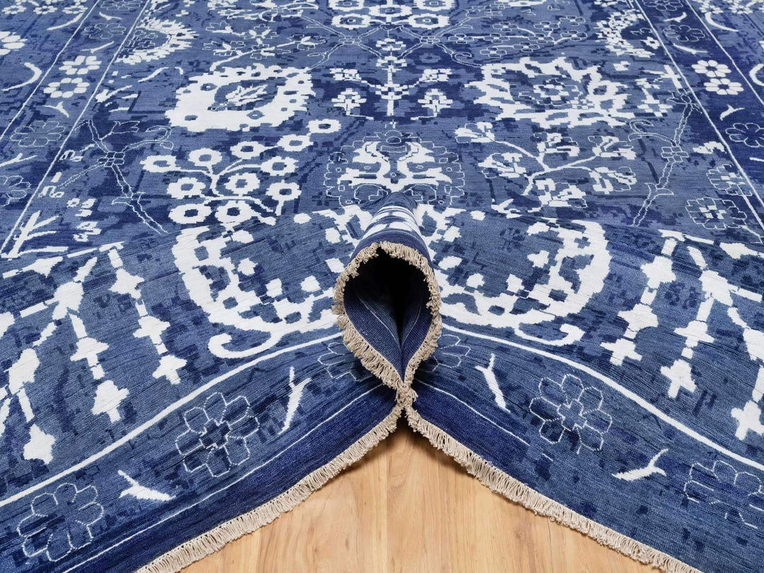 11'9" x 15'0" New Hand Knotted Blue Wool & Silk Rectangle Oriental Rug - MOA10291265