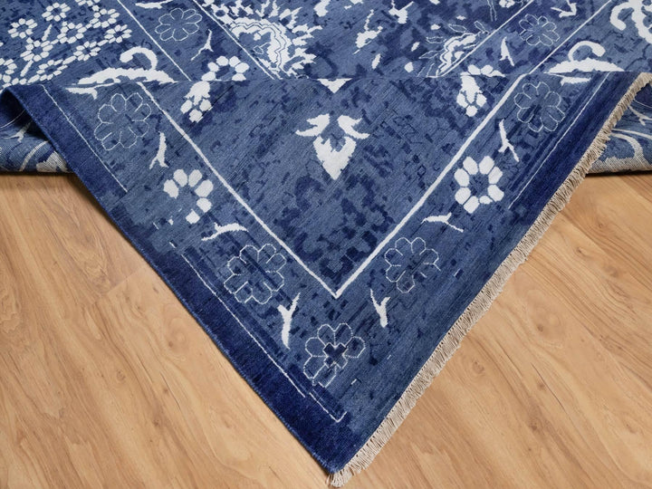 11'9" x 15'0" New Hand Knotted Blue Wool & Silk Rectangle Oriental Rug - MOA10291265