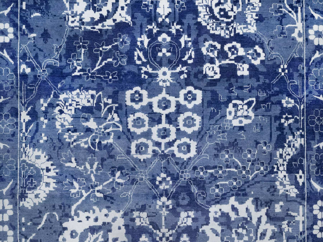 11'9" x 15'0" New Hand Knotted Blue Wool & Silk Rectangle Oriental Rug - MOA10291265