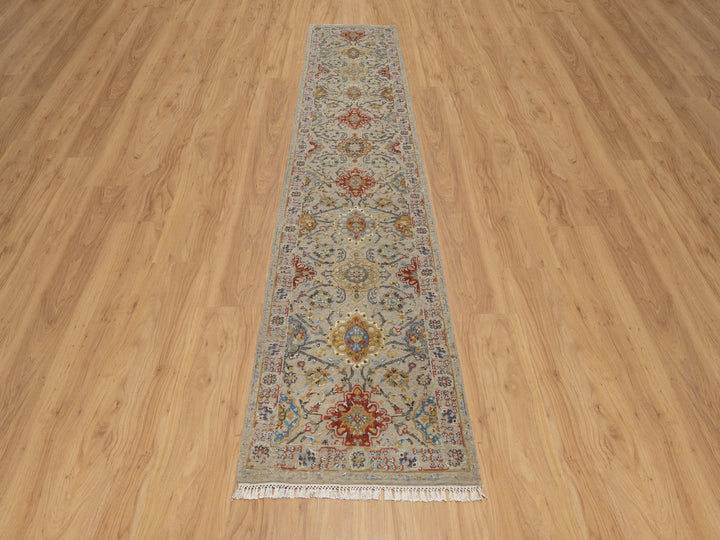 2'6" x 11'10" New Hand Knotted Beige Wool & Pure Silk Runner Oriental Rug - MOA10291287