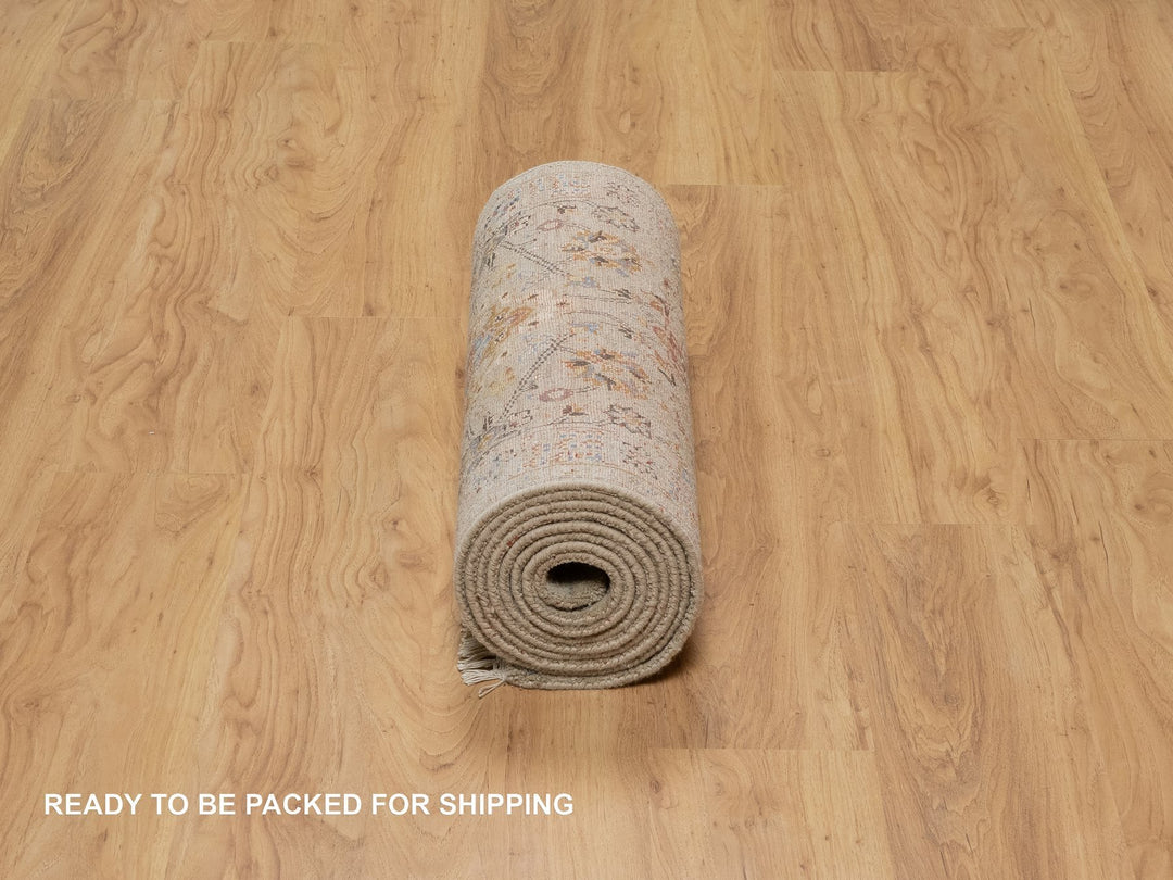 2'6" x 11'10" New Hand Knotted Beige Wool & Pure Silk Runner Oriental Rug - MOA10291287