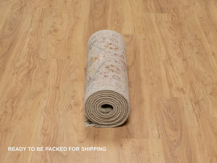 2'6" x 11'10" New Hand Knotted Beige Wool & Pure Silk Runner Oriental Rug - MOA10291287