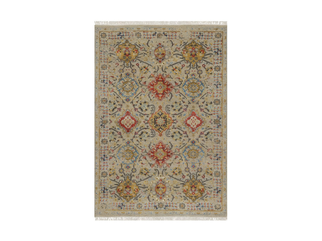 4'1" x 5'11" New Hand Knotted Brown Wool & Pure Silk Rectangle Oriental Rug - MOA10291288