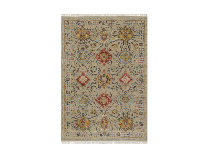 4'1" x 5'11" New Hand Knotted Beige Wool & Pure Silk Rectangle Oriental Rug - MOA10291288