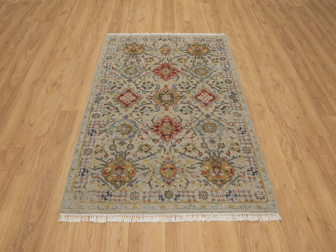 4'1" x 5'11" New Hand Knotted Beige Wool & Pure Silk Rectangle Oriental Rug - MOA10291288