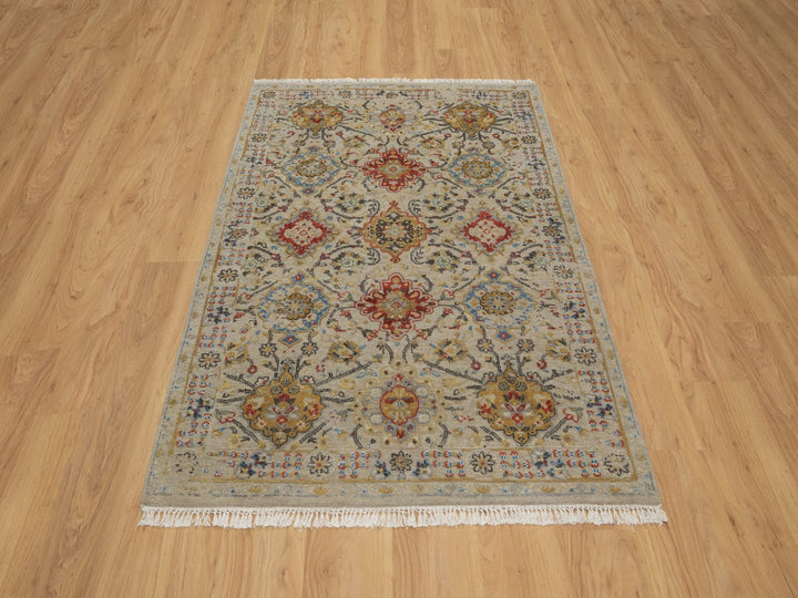 4'1" x 5'11" New Hand Knotted Beige Wool & Pure Silk Rectangle Oriental Rug - MOA10291288
