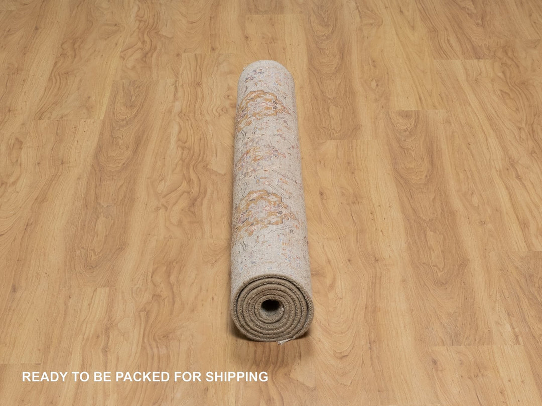 4'1" x 5'11" New Hand Knotted Beige Wool & Pure Silk Rectangle Oriental Rug - MOA10291288