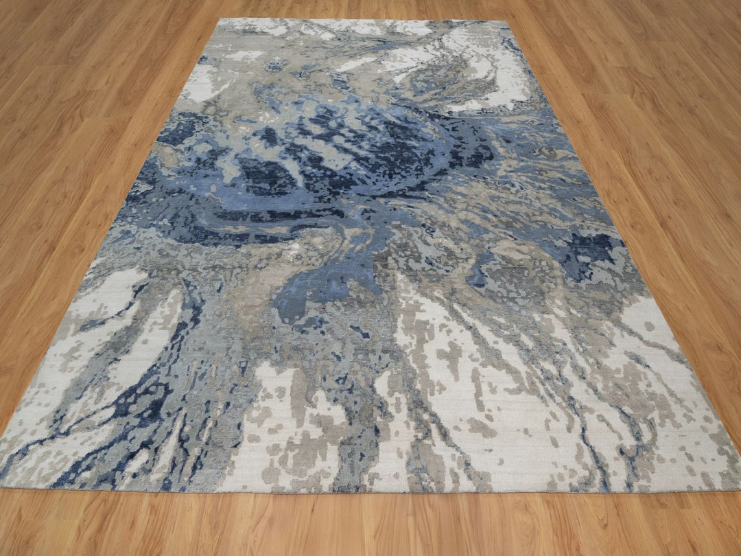 9'1" x 12'1" New Hand Knotted Blue Wool & Silk Rectangle Oriental Rug - MOA10291289