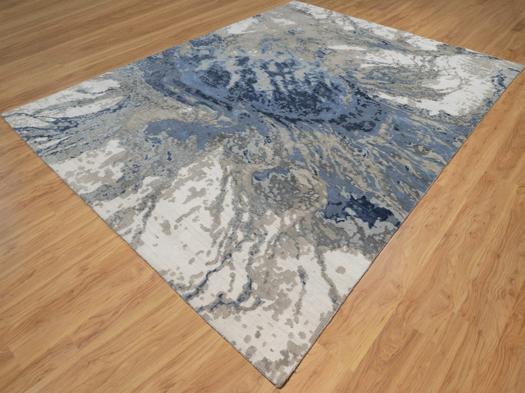 9'1" x 12'1" New Hand Knotted Blue Wool & Silk Rectangle Oriental Rug - MOA10291289