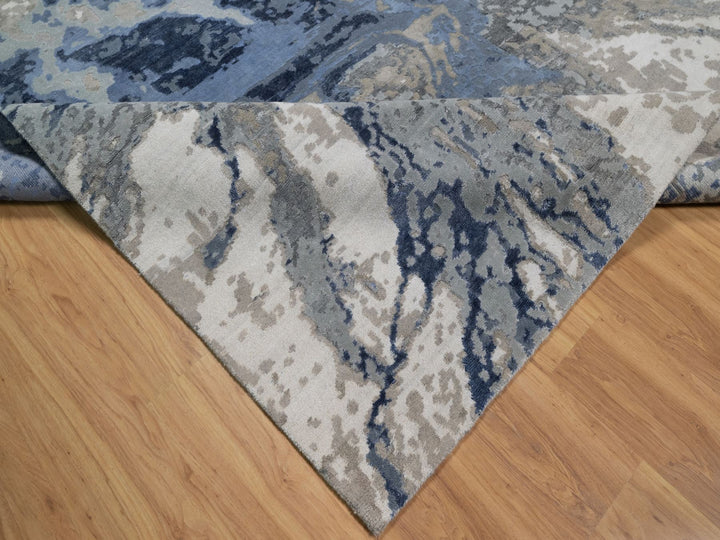 9'1" x 12'1" New Hand Knotted Blue Wool & Silk Rectangle Oriental Rug - MOA10291289