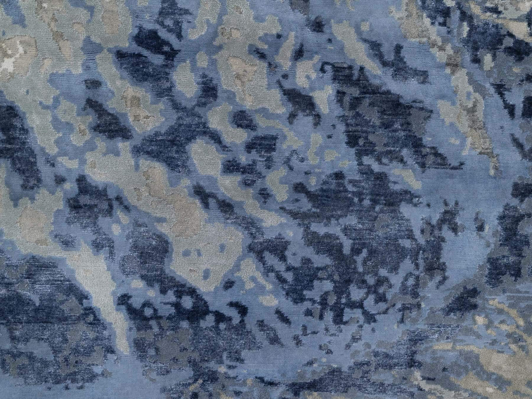 9'1" x 12'1" New Hand Knotted Blue Wool & Silk Rectangle Oriental Rug - MOA10291289