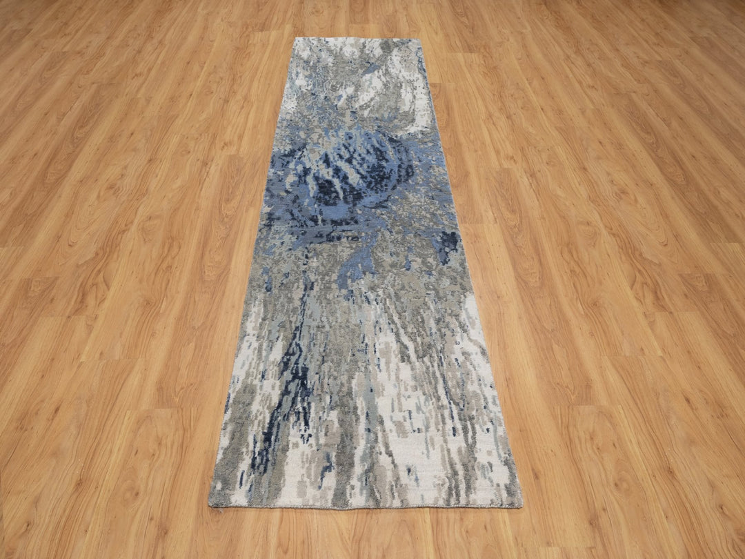 2'7" x 10'2" New Hand Knotted Blue Wool & Silk Runner Oriental Rug - MOA10291290