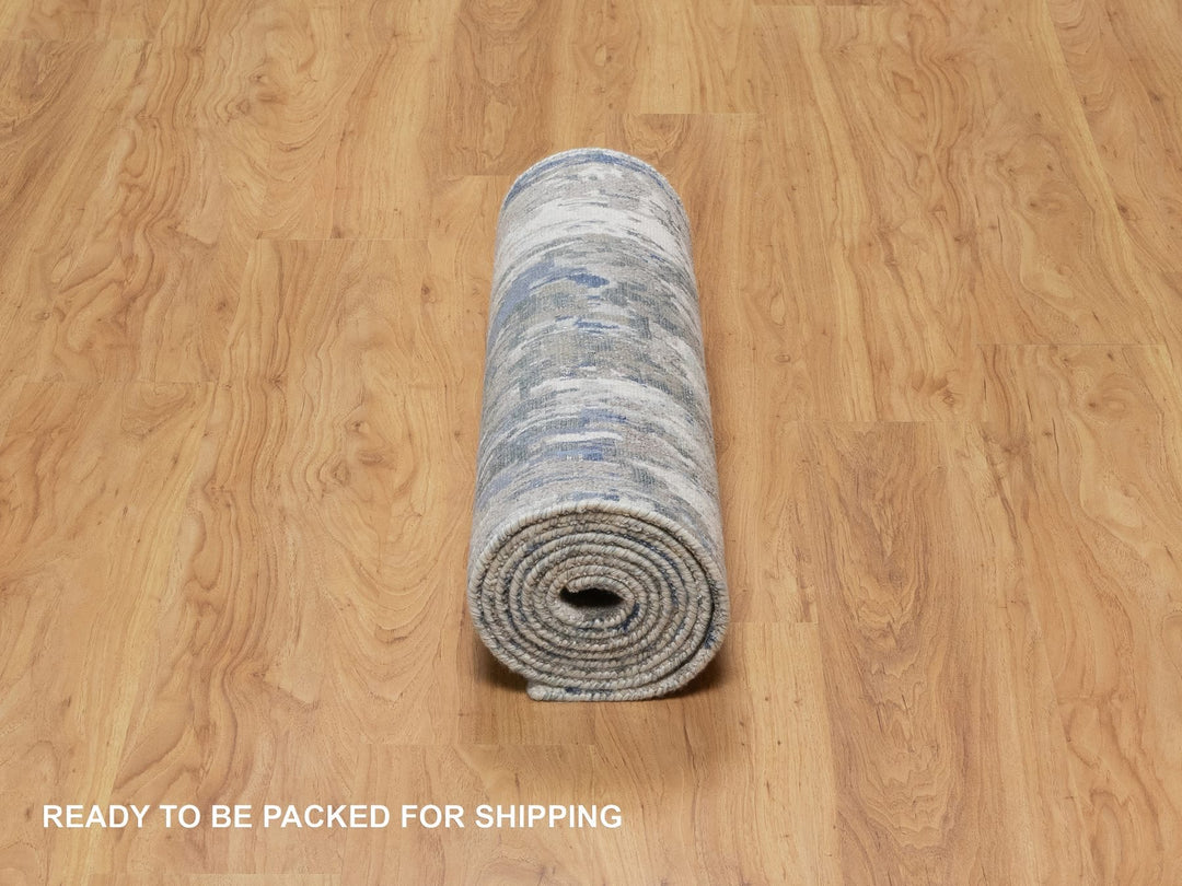 2'7" x 10'2" New Hand Knotted Blue Wool & Silk Runner Oriental Rug - MOA10291290