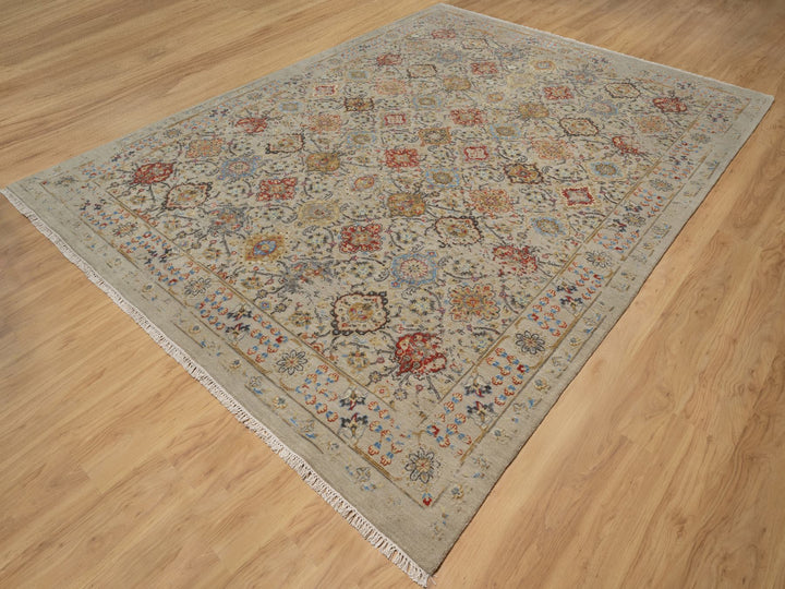 8'10" x 11'11" New Hand Knotted Beige Wool & Pure Silk Rectangle Oriental Rug - MOA10291291