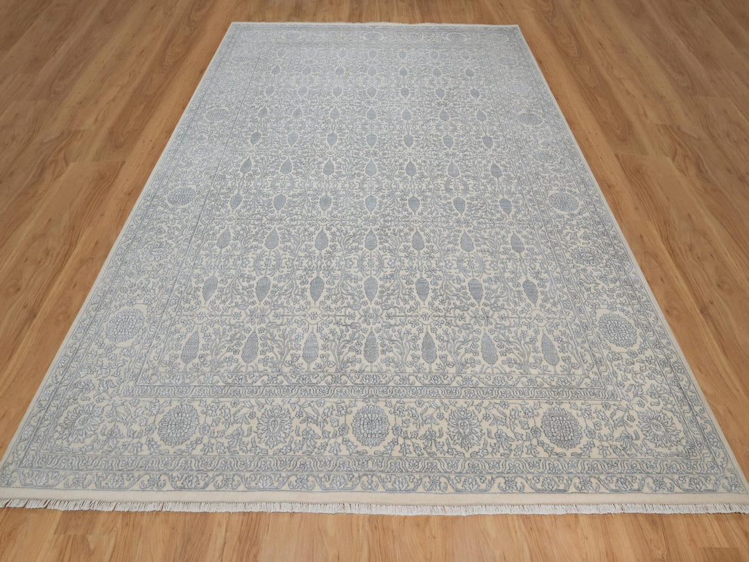 8'11" x 12'1" New Hand Knotted Ivory Wool & Silk Rectangle Oriental Rug - MOA10291353
