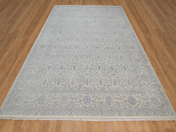 8'11" x 12'1" New Hand Knotted Ivory Wool & Silk Rectangle Oriental Rug - MOA10291353