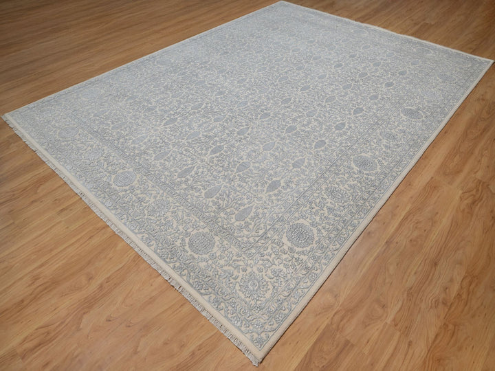 8'11" x 12'1" New Hand Knotted Ivory Wool & Silk Rectangle Oriental Rug - MOA10291353