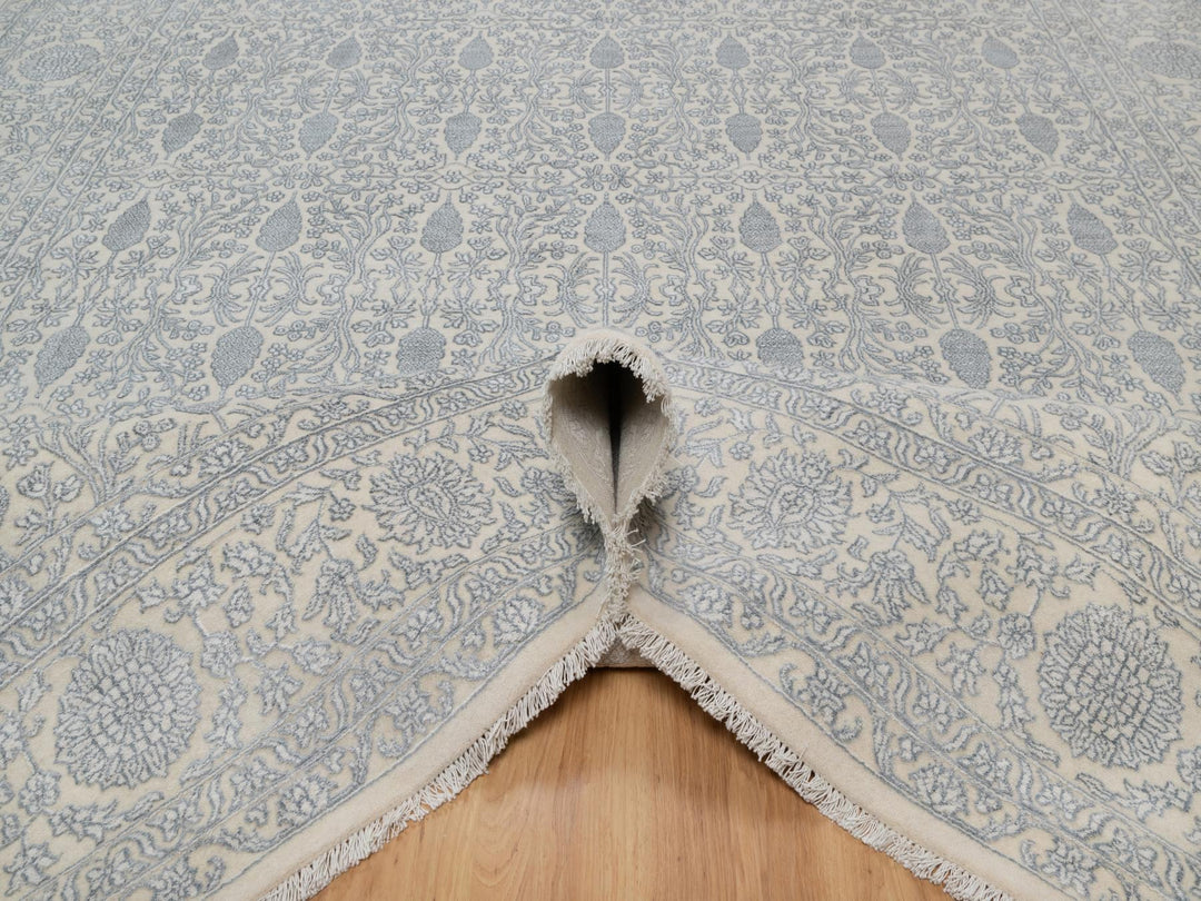8'11" x 12'1" New Hand Knotted Ivory Wool & Silk Rectangle Oriental Rug - MOA10291353