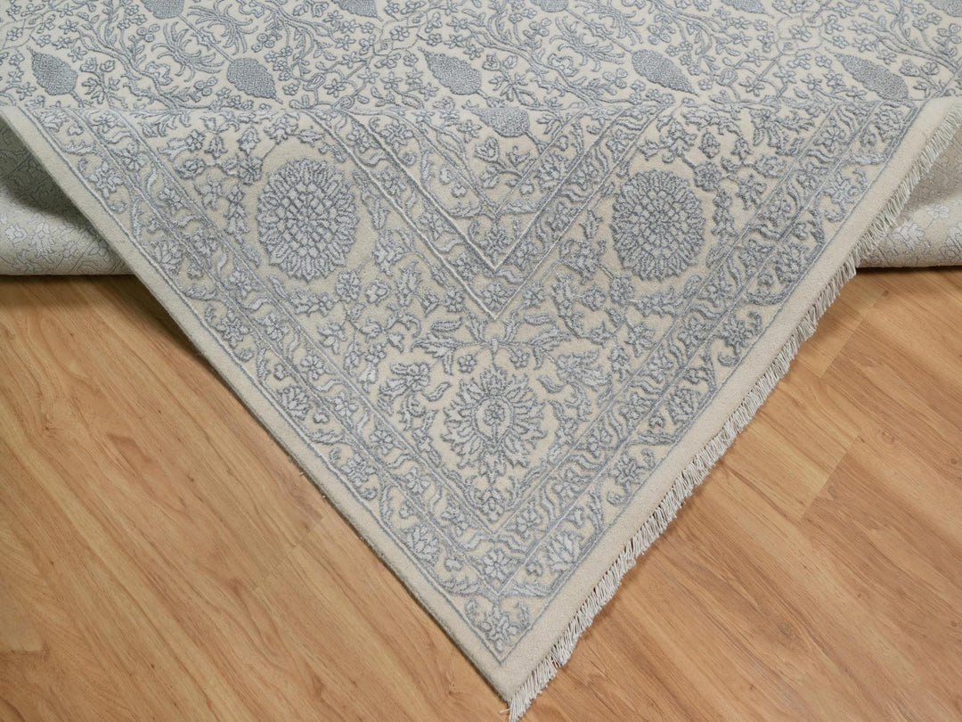 8'11" x 12'1" New Hand Knotted Ivory Wool & Silk Rectangle Oriental Rug - MOA10291353