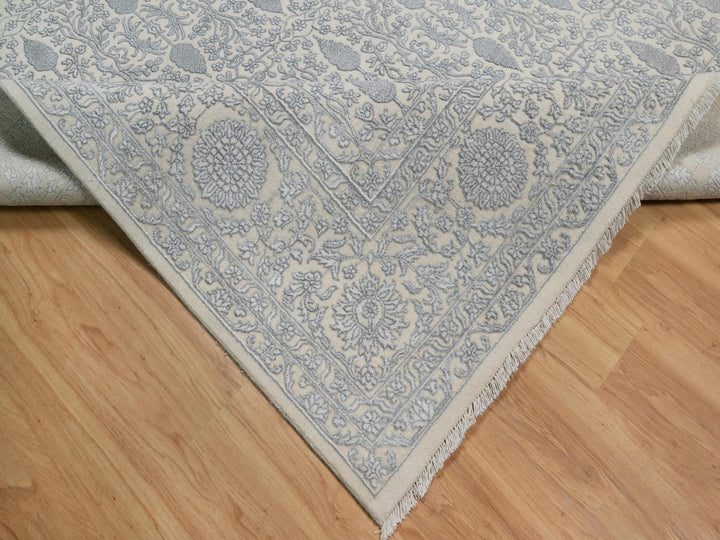 8'11" x 12'1" New Hand Knotted Ivory Wool & Silk Rectangle Oriental Rug - MOA10291353