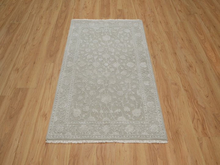 3'1" x 5'0" New Hand Knotted Grey Wool & Silk Rectangle Oriental Rug - MOA10291354