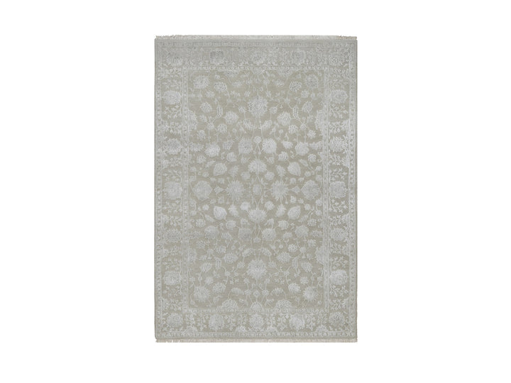 4'1" x 6'1" New Hand Knotted Grey Wool & Silk Rectangle Oriental Rug - MOA10291355