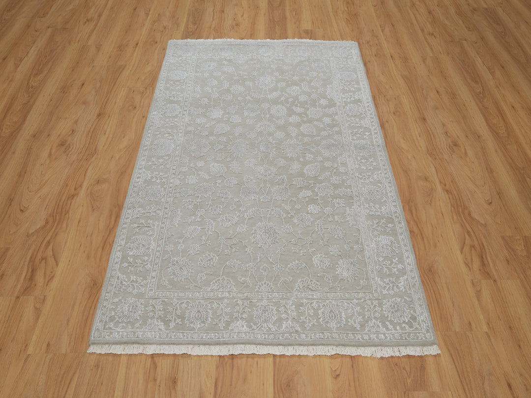 4'1" x 6'1" New Hand Knotted Grey Wool & Silk Rectangle Oriental Rug - MOA10291355