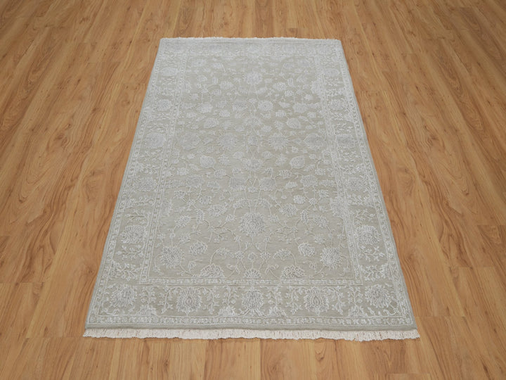 4'1" x 6'1" New Hand Knotted Grey Wool & Silk Rectangle Oriental Rug - MOA10291355