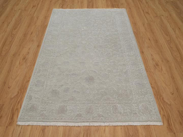 4'9" x 6'10" New Hand Knotted Grey Wool & Silk Rectangle Oriental Rug - MOA10291356