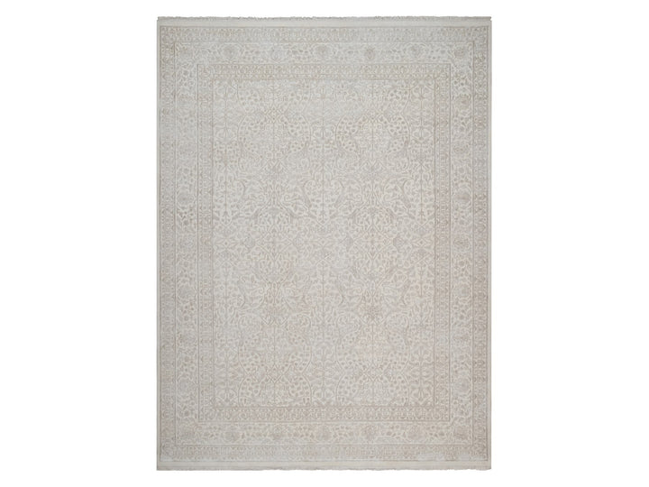 9'1" x 12'1" New Hand Knotted Ivory Wool & Silk Rectangle Oriental Rug - MOA10291365