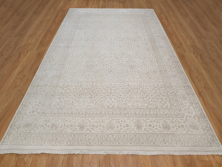 9'1" x 12'1" New Hand Knotted Ivory Wool & Silk Rectangle Oriental Rug - MOA10291365