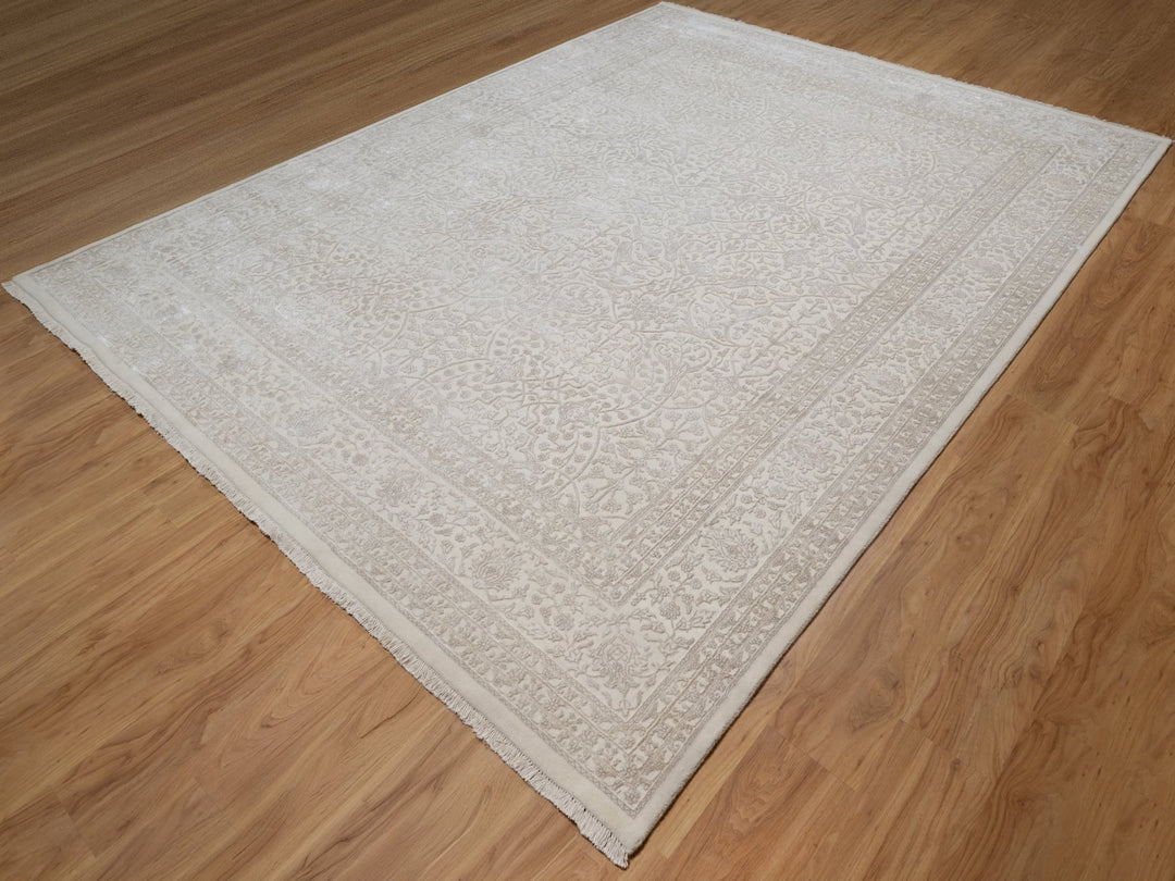 9'1" x 12'1" New Hand Knotted Ivory Wool & Silk Rectangle Oriental Rug - MOA10291365