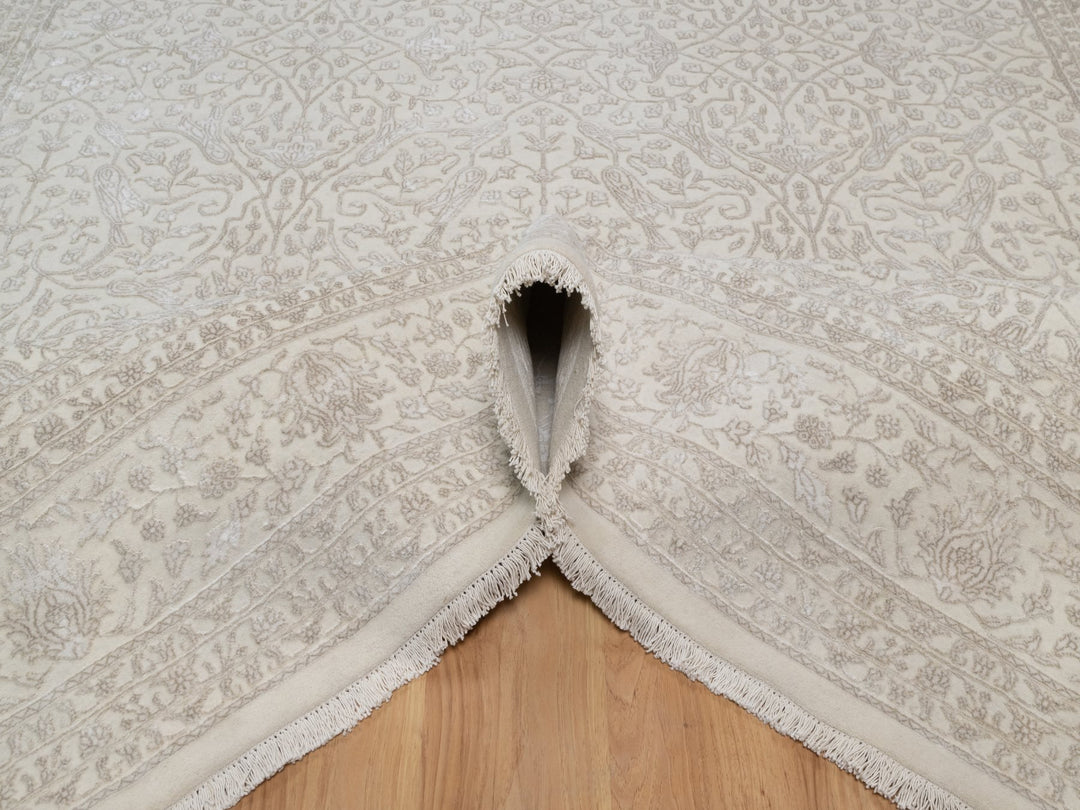 9'1" x 12'1" New Hand Knotted Ivory Wool & Silk Rectangle Oriental Rug - MOA10291365