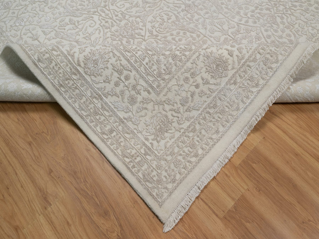 9'1" x 12'1" New Hand Knotted Ivory Wool & Silk Rectangle Oriental Rug - MOA10291365