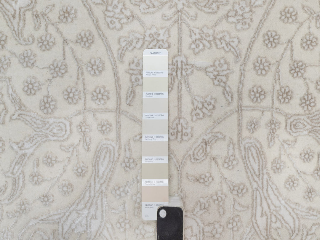 9'1" x 12'1" New Hand Knotted Ivory Wool & Silk Rectangle Oriental Rug - MOA10291365