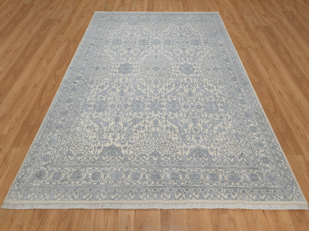 7'9" x 10'2" New Hand Knotted Ivory Wool & Silk Rectangle Oriental Rug - MOA10291366