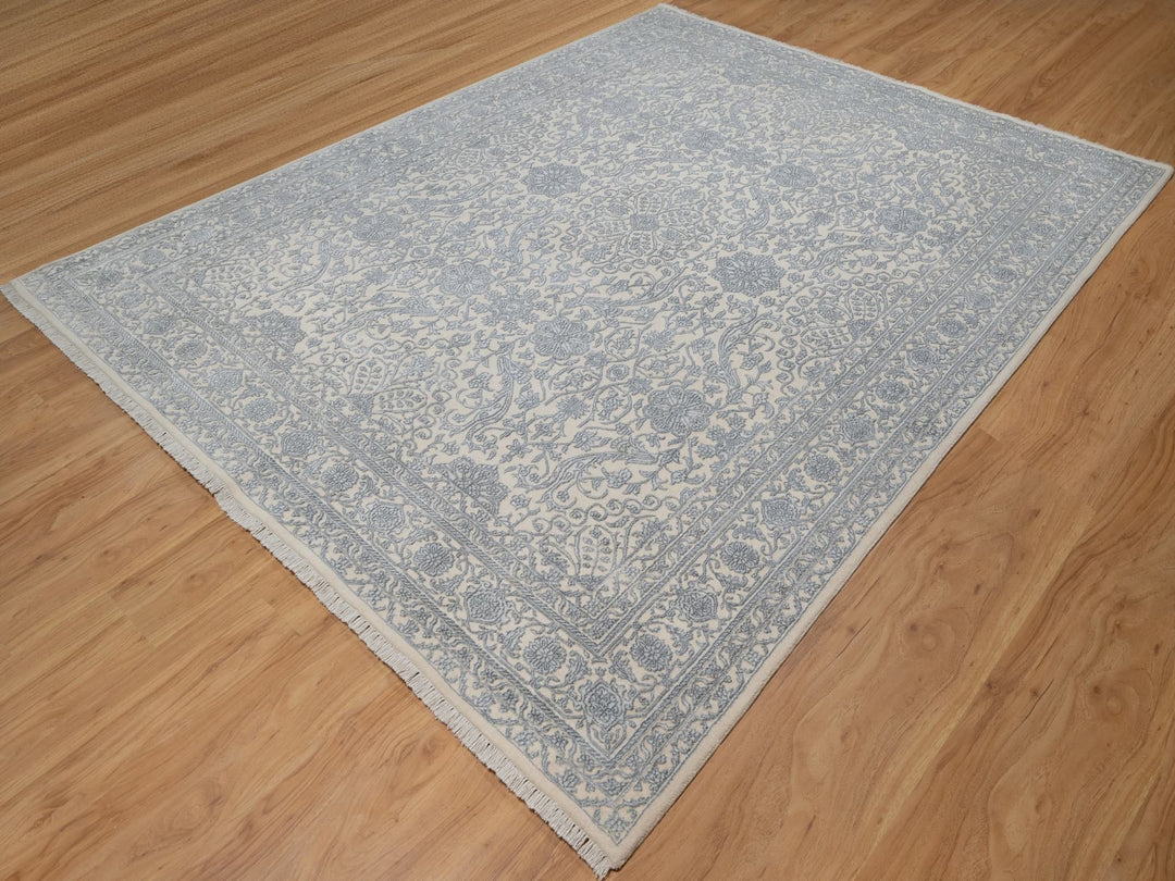 7'9" x 10'2" New Hand Knotted Ivory Wool & Silk Rectangle Oriental Rug - MOA10291366