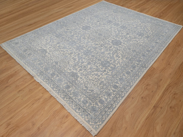 7'9" x 10'2" New Hand Knotted Ivory Wool & Silk Rectangle Oriental Rug - MOA10291366