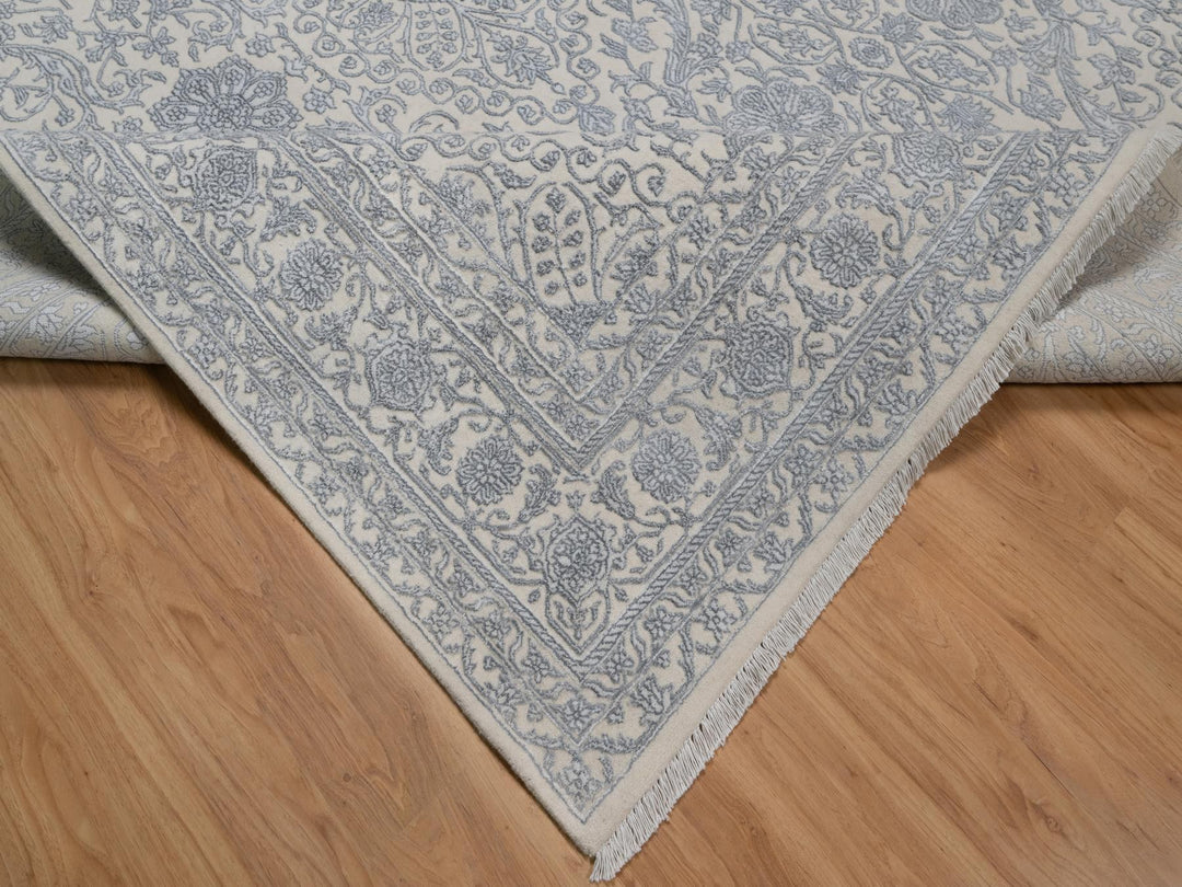 7'9" x 10'2" New Hand Knotted Ivory Wool & Silk Rectangle Oriental Rug - MOA10291366