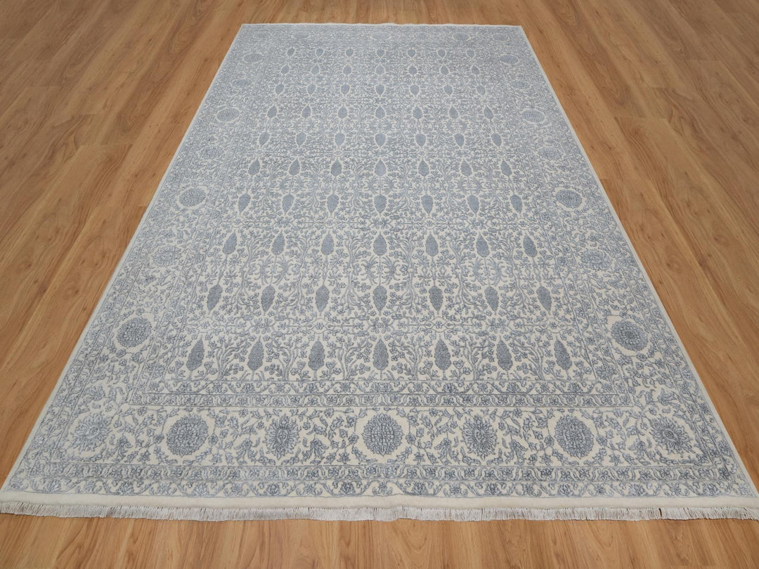 8'8" x 12'1" New Hand Knotted Ivory Wool & Silk Rectangle Oriental Rug - MOA10291367